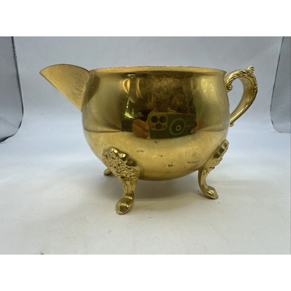 Vintage Footed Brass Metal Footed Creamer & Sugar Bowl   Set